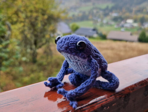 Grenouille bleue au tricot