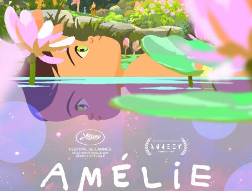 Affiche du film Amélie et la Métaphysique des tubes, avec une petite fille allongée dans un étang japonais.